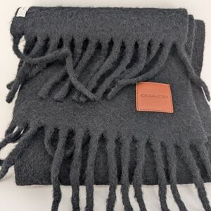 Coach Charcoal Gray Wool Fringe Scarf with Leather Patch
